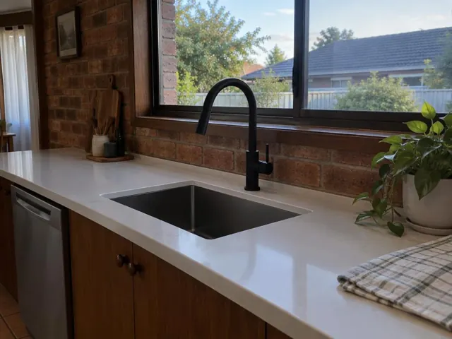 Kitchen sink with matte black mixer tap beside a brick backsplash and window in Gillieston Heights